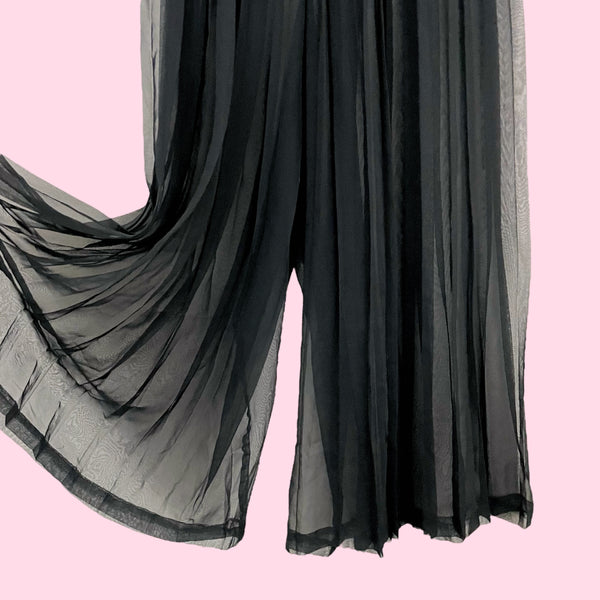 BLACK PLEATED SHEER WIDE LEG PANTS (S)