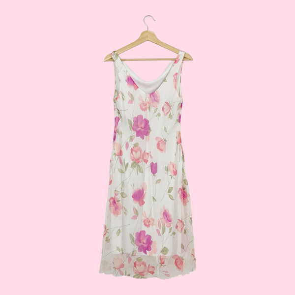 WHITE FLORAL COWL NECK MIDI DRESS (M)