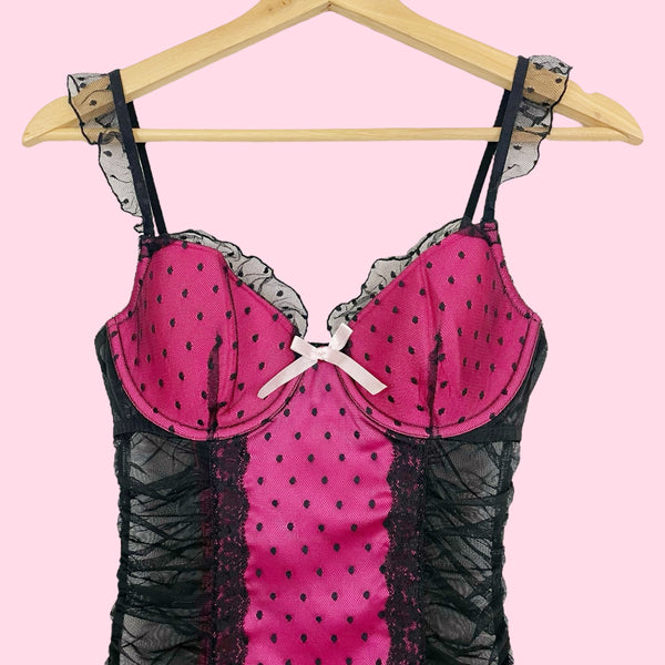 VICTORIA'S SECRET BLACK + PINK DOT RUCHED MESH BABYDOLL (34D)