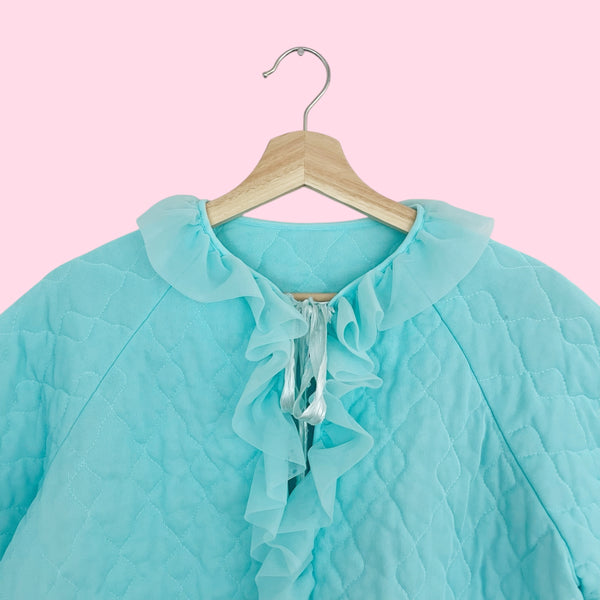 60s Aqua Quilted Ruffle Bed Jacket (S/M)