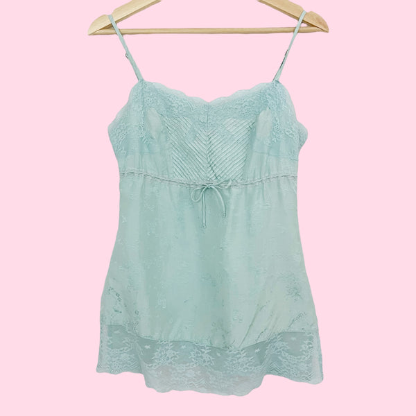 MINT GREEN FLORAL SILK TANK TOP (XS)