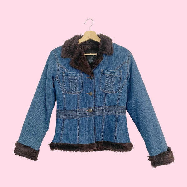 Y2K Denim Jacket w/ Brown Faux Fur (S)