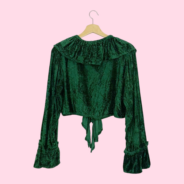 GREEN VELVET RUFFLE LACE UP CROPPED BLOUSE (S)