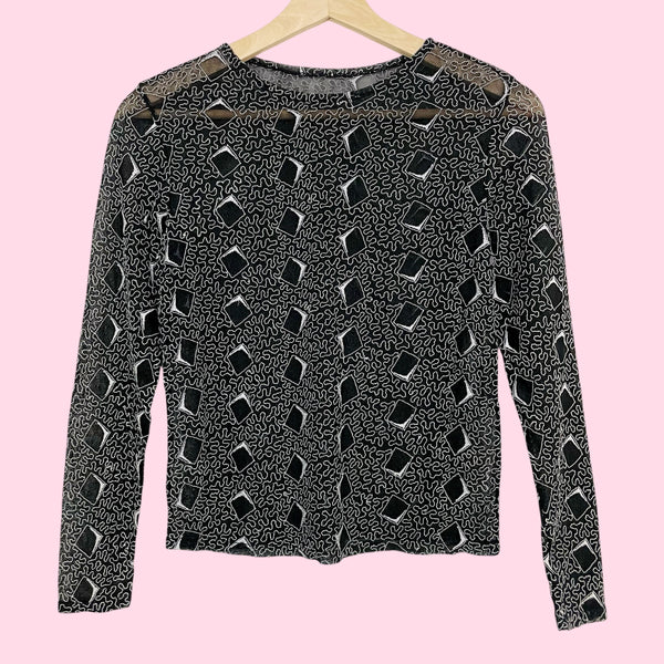 BLACK + WHITE EMBROIDERED MESH TOP (S)