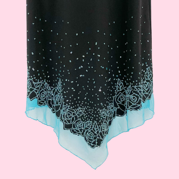 BLACK + AQUA BEADED FLORAL HALTER MIDI DRESS (S)