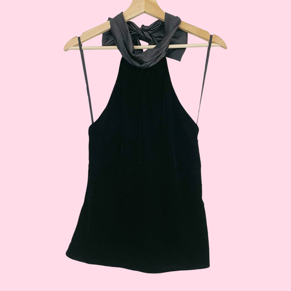 BLACK VELVET TIE HALTER TOP (M)