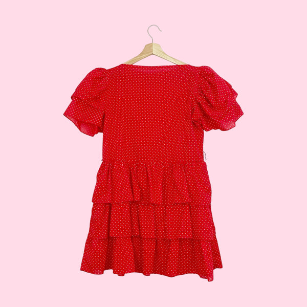 RED + WHITE POLKA DOT RUFFLE DRESS (M)