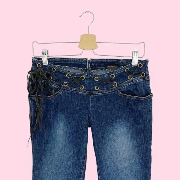 LOW RISE FLARE JEANS W/ SUEDE LACE (S)