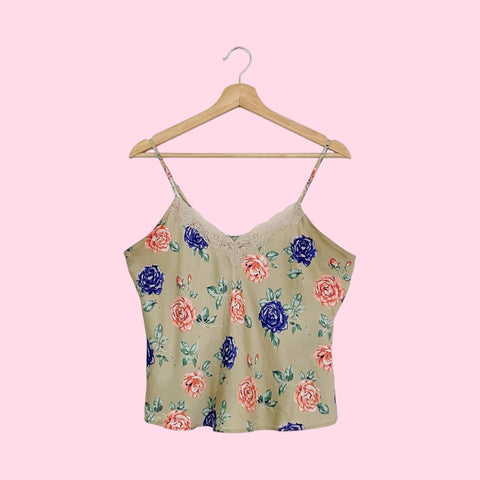 TAN FLORAL PRINT SILK TANK (M)