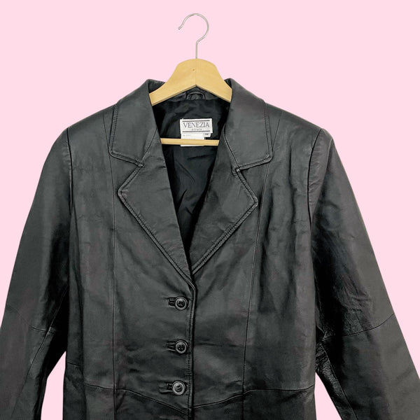 BLACK LEATHER BLAZER JACKET (L)