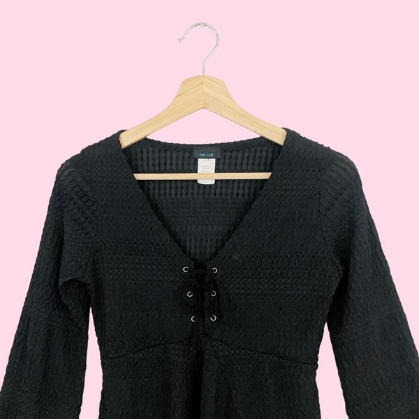 BLACK TEXTURED LACE UP BELL SLEEVE TOP (M)