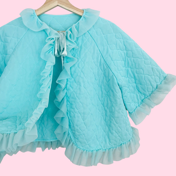 60s Aqua Quilted Ruffle Bed Jacket (S/M)