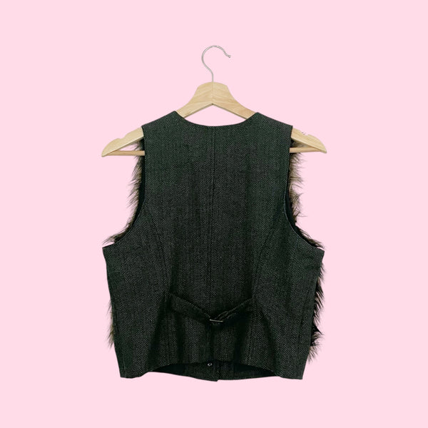 BROWN FAUX FUR PANEL TWEED VEST (S)