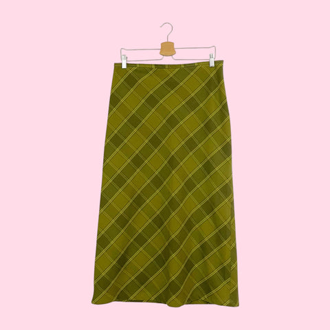 OLIVE GREEN PLAID MAXI SKIRT (L)