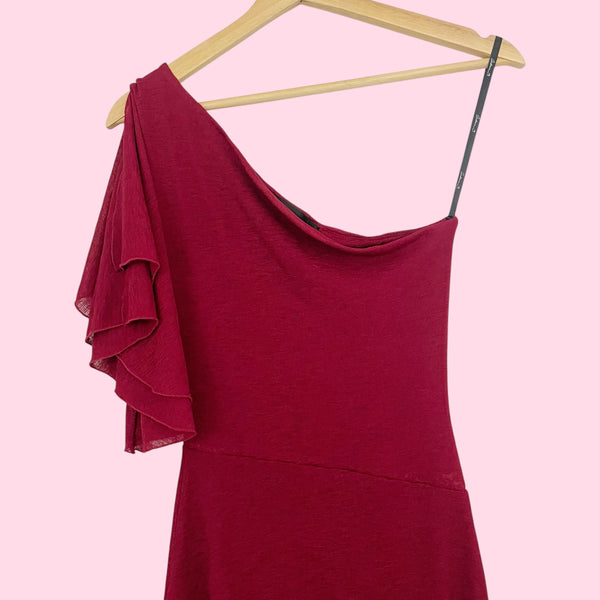 BURGUNDY ONE SHOULDER MIDI DRESS (XS)