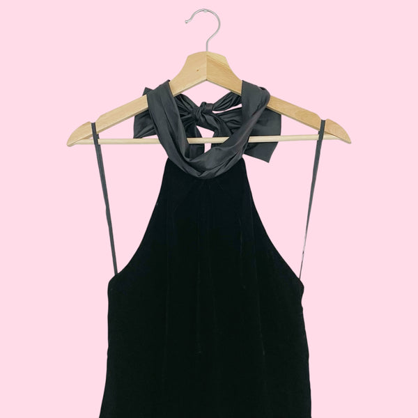 BLACK VELVET TIE HALTER TOP (M)