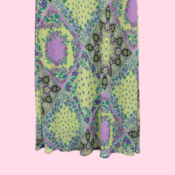 GREEN PATCHWORK PRINT MIDI DRESS (M)