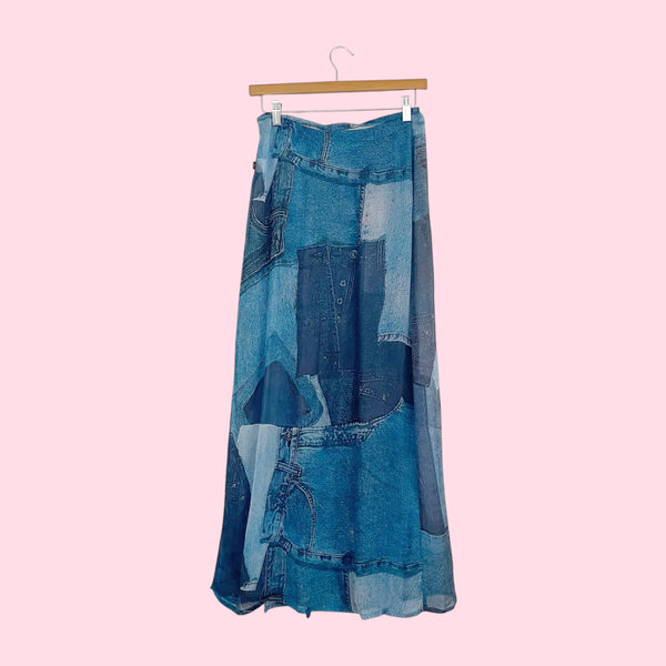 Denim Print Sheer Wrap Skirt (S)