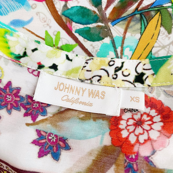 JOHNNY WAS FLORAL TIE FRONT RUFFLE KIMONO (XS)