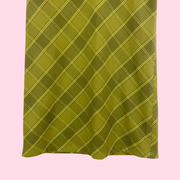 OLIVE GREEN PLAID MAXI SKIRT (L)