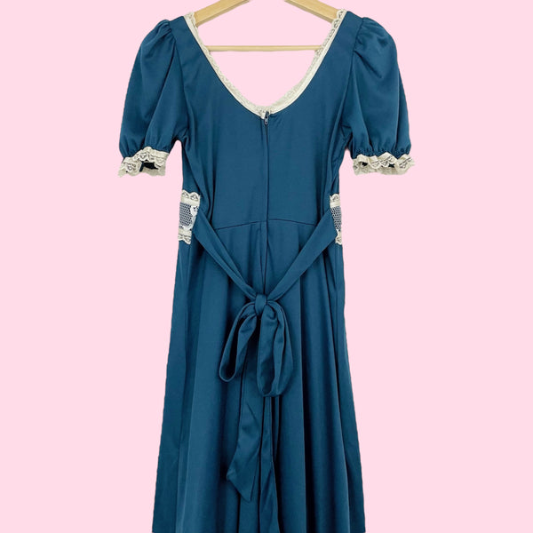 70s DARK BLUE + CREAM LACE PRAIRIE DRESS (6)