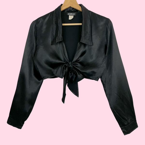 BLACK SATIN TIE FRONT CROPPED BLOUSE (S/M)