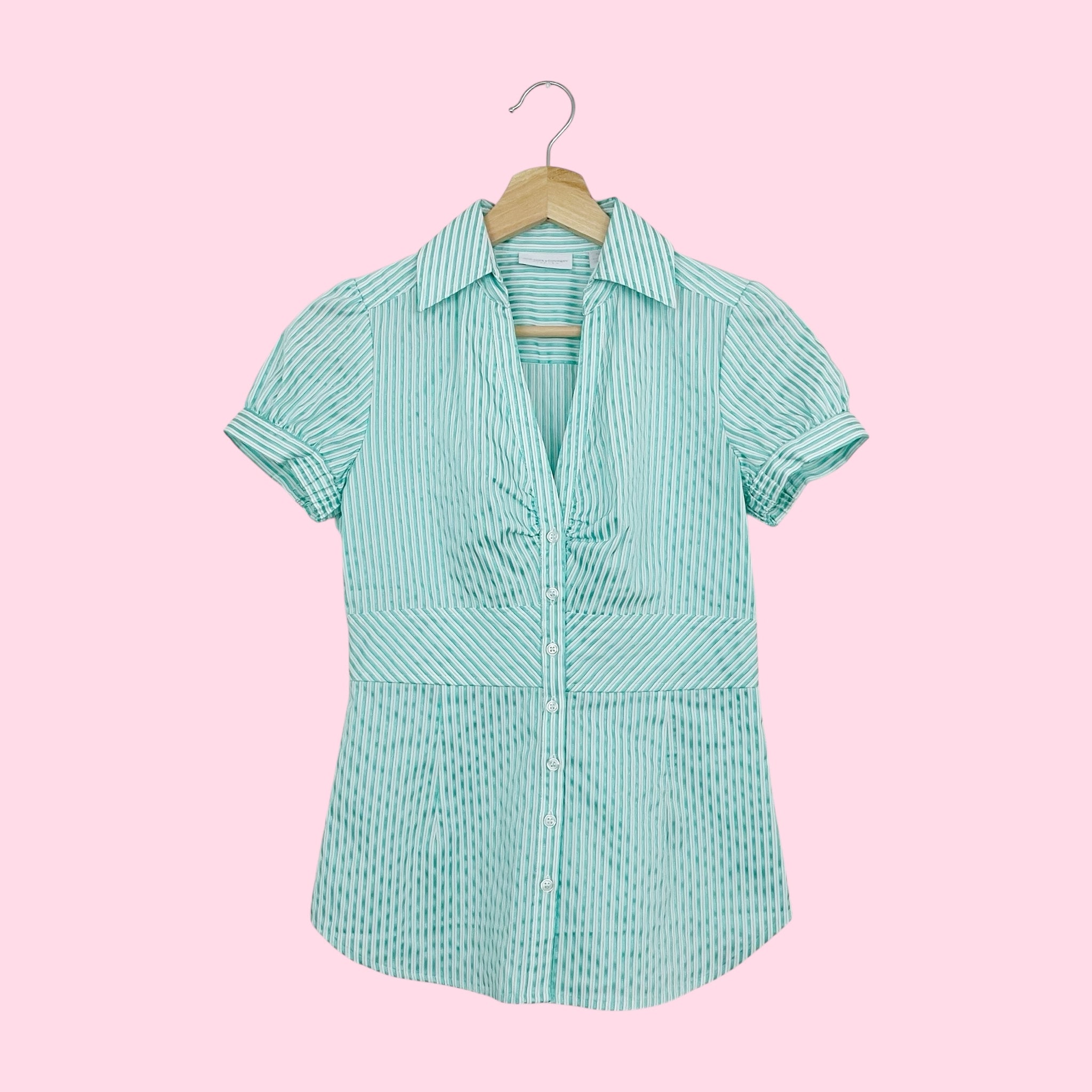 Y2K METALLIC MINT STRIPED OFFICE SIREN TOP (S)