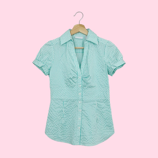 Y2K METALLIC MINT STRIPED OFFICE SIREN TOP (S)