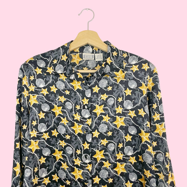 90s Black + Gold Star Print Silk Blouse (S)