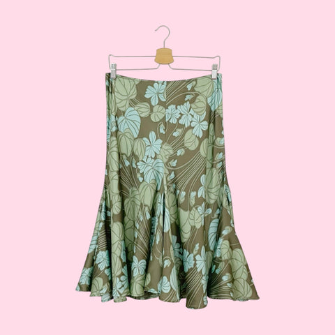 GREEN FLORAL SILK MIDI SKIRT (M)