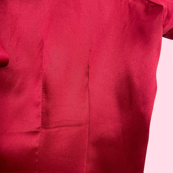 BEBE RED SILK BLOUSE W/ FUR COLLAR (L)