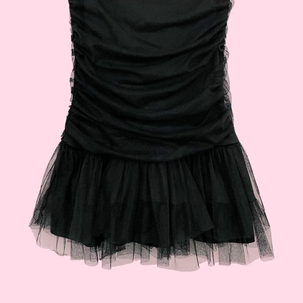 BLACK RUCHED TULLE MINI DRESS (S)