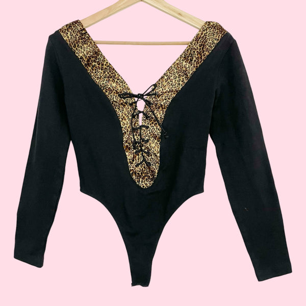 LACE UP LEOPARD TRIM BODYSUIT (M)