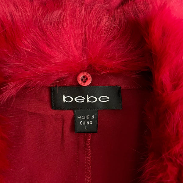 BEBE RED SILK BLOUSE W/ FUR COLLAR (L)