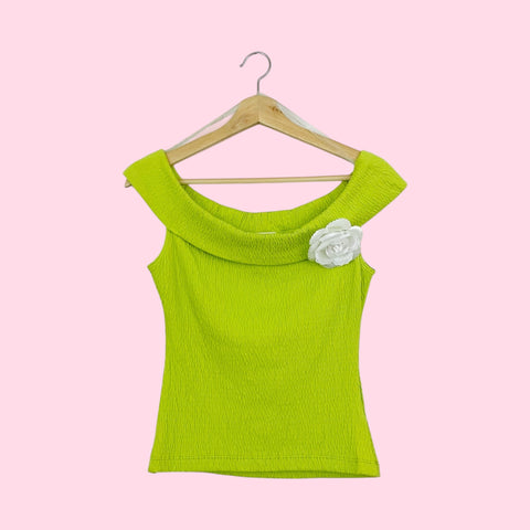 LIME OFF THE SHOULDER TOP W/ FLOWER PIN (S)