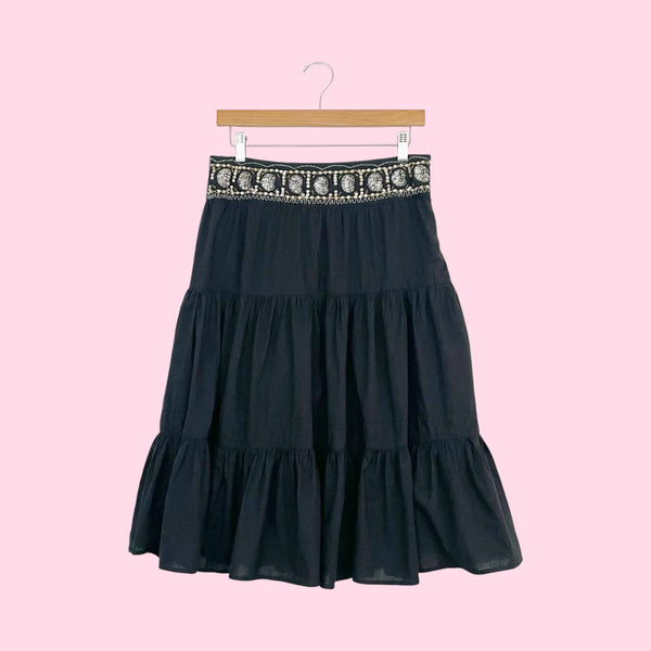 Y2K Black Cotton Tiered Skirt w/ Beaded Trim (8)
