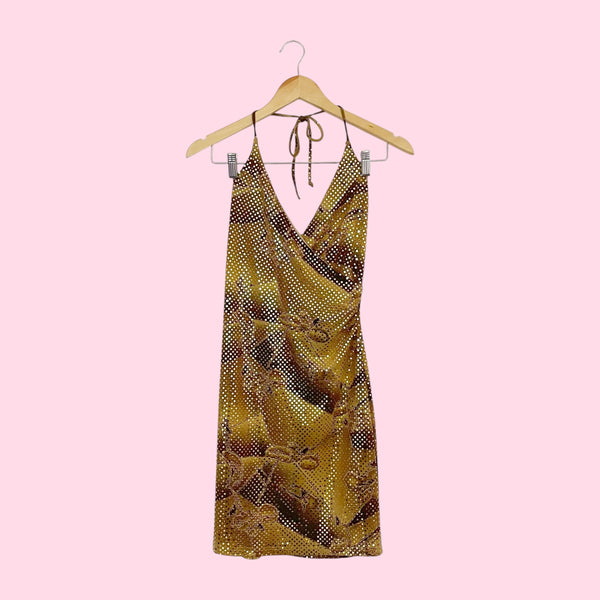 TAN FLORAL GOLD SEQUINS DRESS (S)