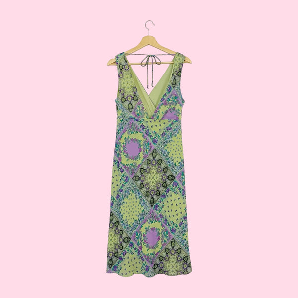 GREEN PATCHWORK PRINT MIDI DRESS (M)