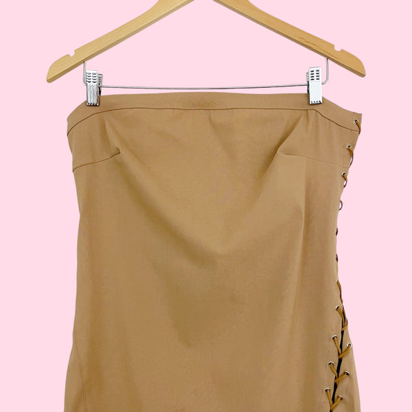 TAN STRETCH LACE UP STRAPLESS DRESS (XL)