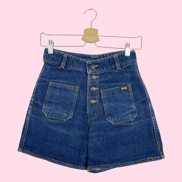 HIGH WAISTED EXPOSED BUTTON DENIM SHORTS (25)