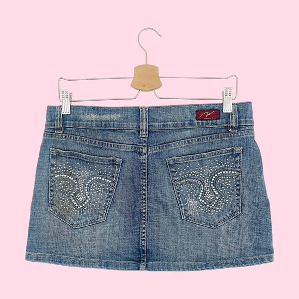Y2K Denim Skirt W/ Rhinestone Pockets (M/L)