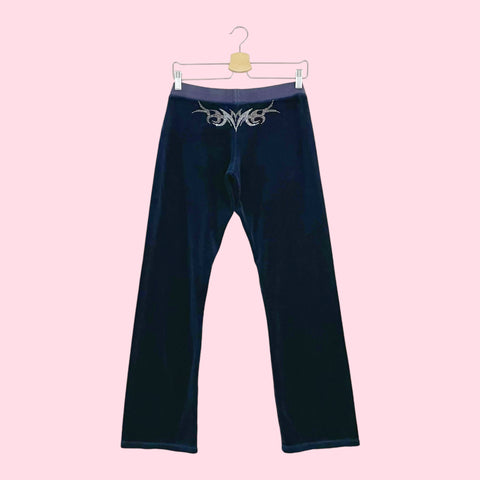 NAVY VELOUR PANTS W/ TRIBAL RHINESTONE DETAIL (S)