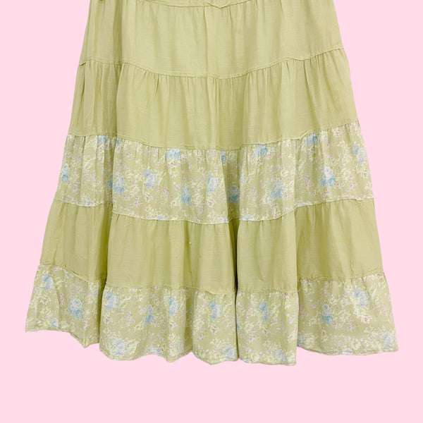 Light Green Floral Tiered Prairie Skirt (M)
