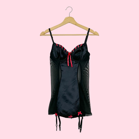 BLACK SATIN MESH BABYDOLL W/ RED RIBBON (S)