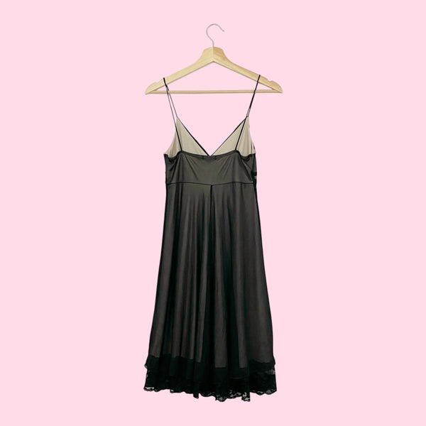 BLACK + TAN MESH LACE TRIM MIDI DRESS (S)