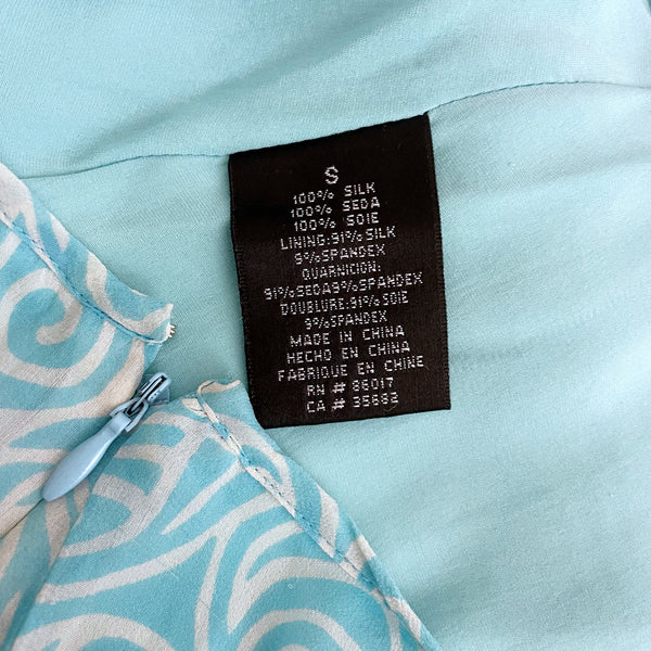 AQUA + WHITE PRINTED SILK MIDI SKIRT (S)