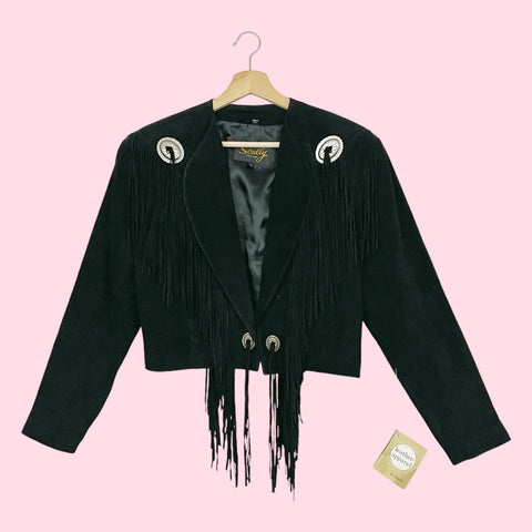 SCULLY BLACK FRINGE CROPPED SUEDE JACKET (M)