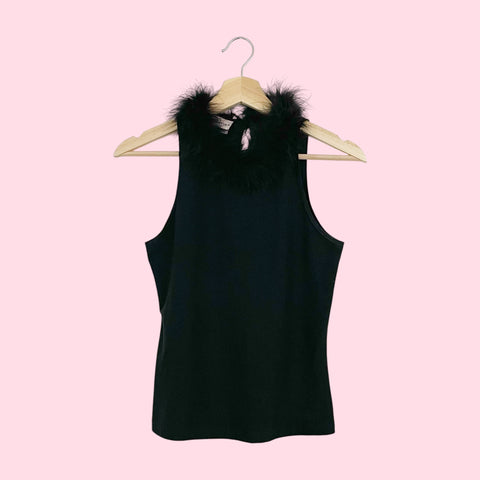 BLACK MARABOU TRIM TANK TOP (M)