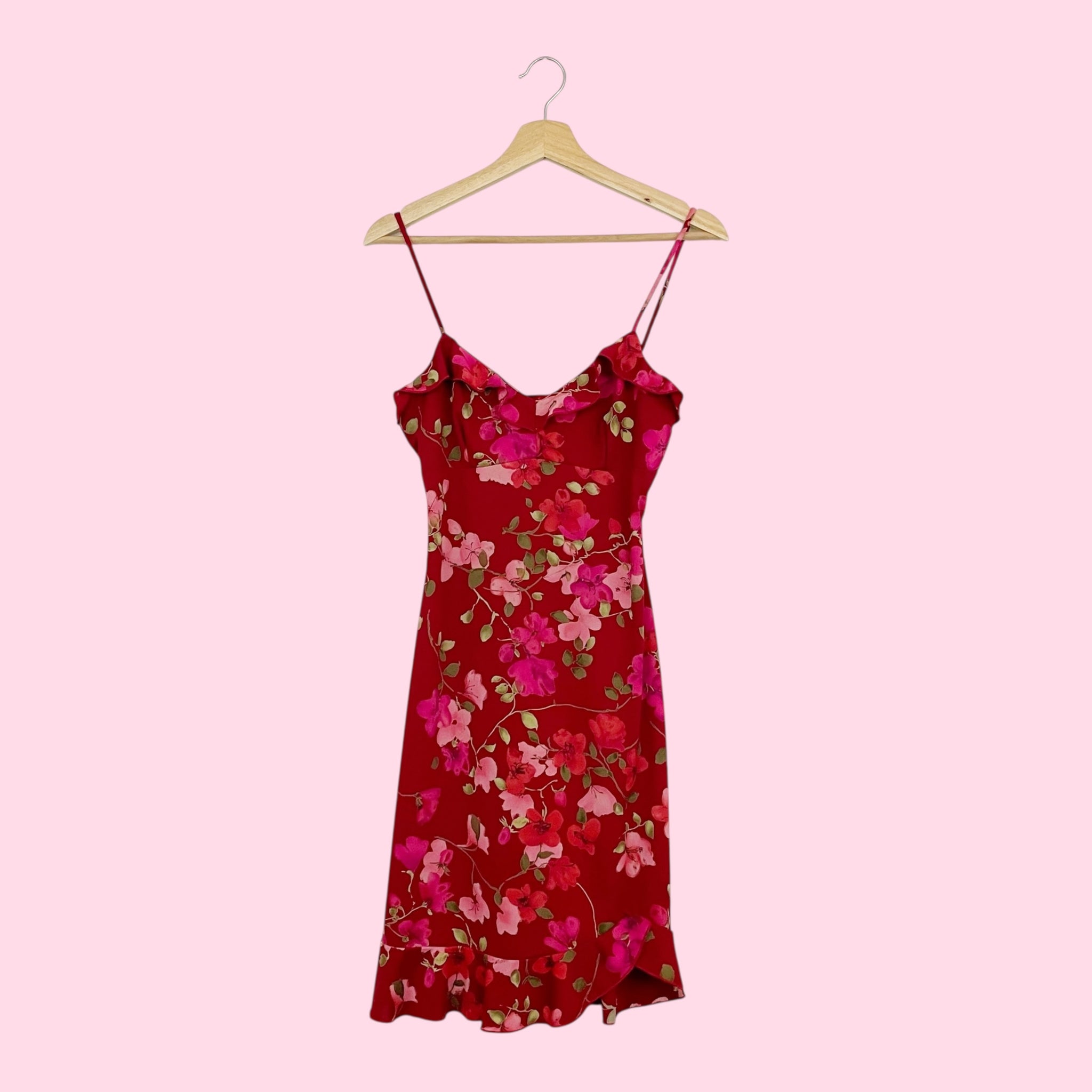 RED FLORAL RUFFLE MIDI DRESS (S)