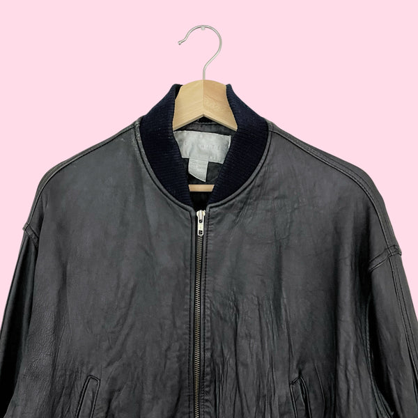 THE LIMITED BLACK LEATHER BOMBER JACKET (L)